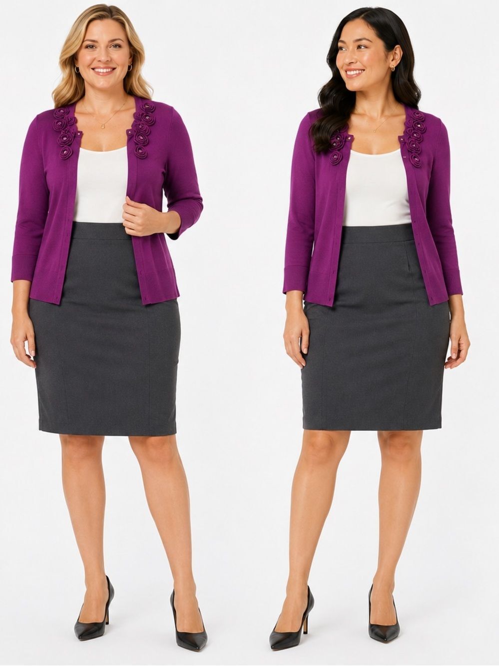 White House Black Market Purple Cardigan with Rosette Accents